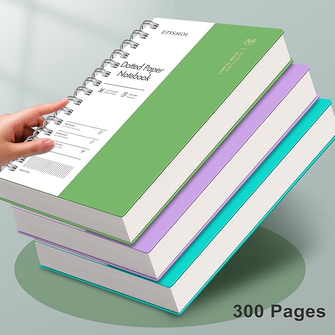 EMSHOI Spiral Dotted Notebook, Dot Grid Journal, 5.7"x8.22" A5 Size, 300 Pages/150 Sheets 100gsm Thick Paper, Waterproof Hardcover for Office, School, Work, Writing, Bullet Journaling (Green)