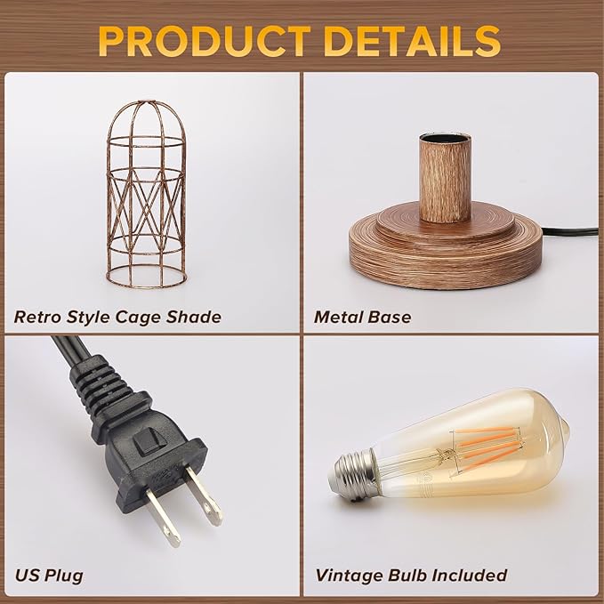 Touch Control Table Lamp for Small Spaces - 3 Way Dimmable Nightstand & Bedside Lamp for Bedroom & Living Room, Rustic Wood Cage Shade, Bulb Included