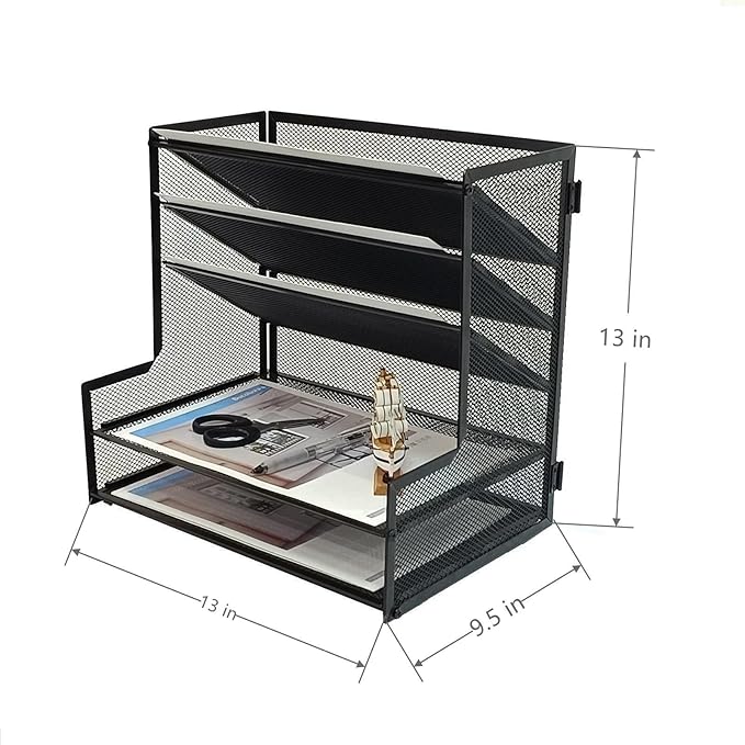 SETTFRFE Office Supplies Desk Organizer,Metal Desktop File Holder Organizer with 5 Tier Paper Tray,Black
