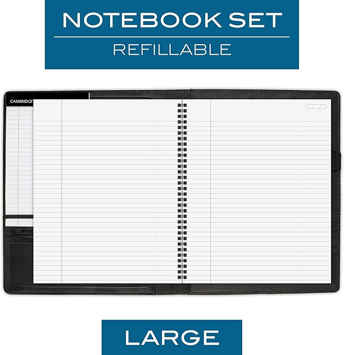 Cambridge Limited Business Notebook, 8-1/2" x 11", 50 Sheets, NoteTaker Portfolio and Refillable Notebook with 5" x 8" Notepad and Business Card Pocket, Zipper Mesh Pocket, Black (06126)