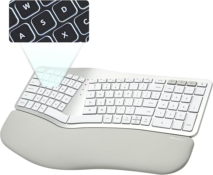 Macally Bluetooth Ergonomic Keyboard, Wireless Split Keyboard, Carpal Tunnel Comfort, Ergo Rechargeable Split Wrist Key Board - Backlit Apple 100 Key Layout for MacBook Pro/Air, iMac