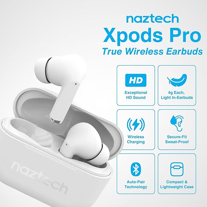Naztech Xpods PRO Ear Buds - (White) True Wireless Earbuds Noise Cancelling Earbuds Wireless Bluetooth Earphone for Gym Sound Cancelling in Ear Headphones Fitness Earphones Includes Charging Case