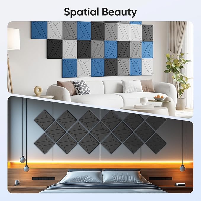 12 Pack 12" X 12" X 0.4" Acoustic Panels for Wall Sound Absorbing, P-Stripes Square Self-Adhesive Sound Panel, High Density Suitable for Multiple Scenarios(Snow White)