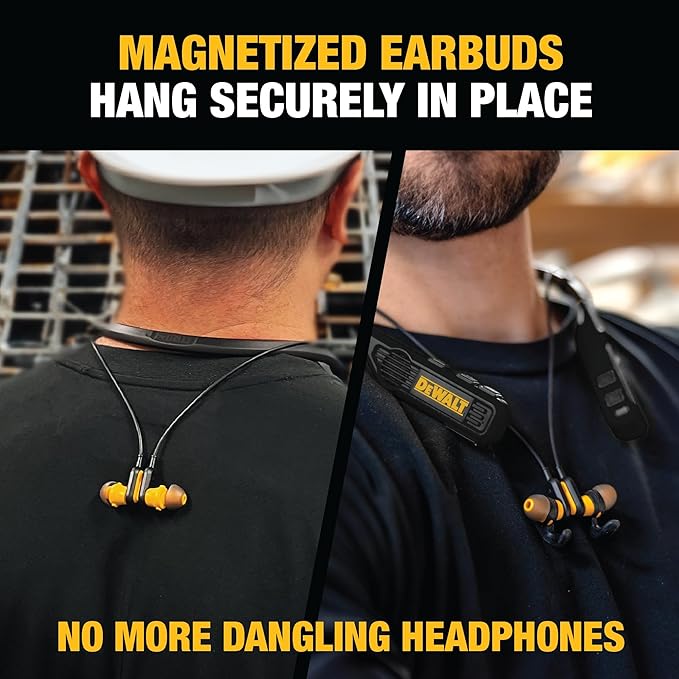 DEWALT Heavy Duty Black Edition 2-in-1 Neckband Bluetooth Headphones w/Built-in Speakers, Jobsite Wearable Speaker & Around Neck, Wireless Headset, 60+ Hrs Hands-Free Music & Calls, Carry Pouch