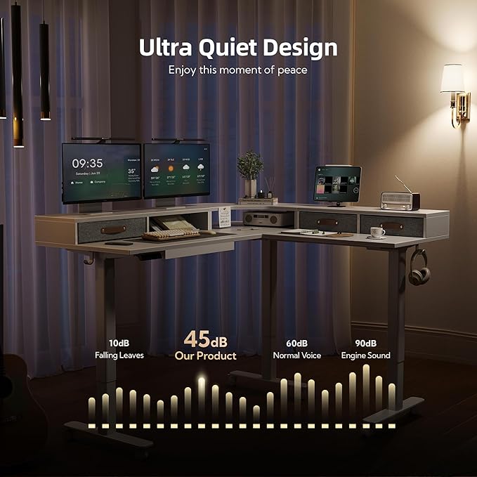 YDN Dual Motor 63" L Shaped Standing Desk with Drawers, Electric Height Adjustable Standing Desk with Monitor Stand & Splice Board, White Frame/White Top