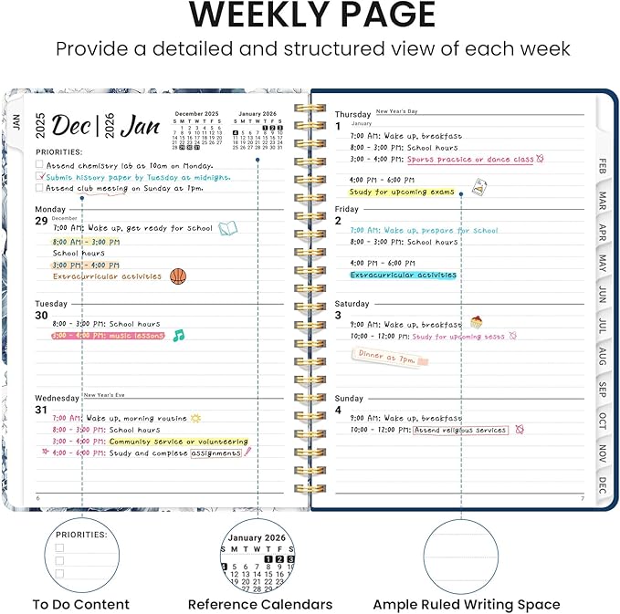 2026 Planner, Monthly and Weekly Calendar Planner for Women, January 2026 - December 2026, Hardcover Pretty 2026 Agenda Planner Book with Tabs, Spiral Bound, Perfect for School Office Home Supplies, 6.3" x 8.5" - Blue Floral