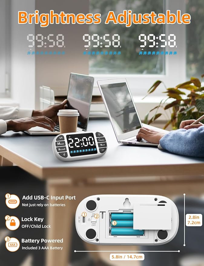 DOOMAY Digital Kitchen Visual Timer: 3.6'' Large LED Display, Magnetic, 3 Brightness, 4 Alarms and Volume, Memory Function, Countdown Count up for Cooking, Classroom, Home Gym, AAA Battery Included