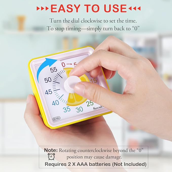 Secura 60-Minute Visual Countdown Timer for Kids & Adults, Classroom Time Management Tool (Yellow)