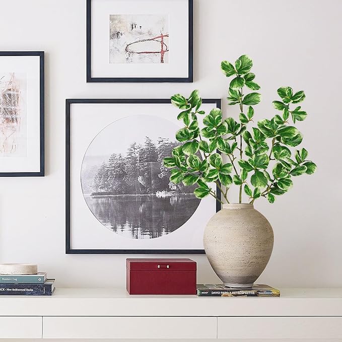 Hollyone 3 Packs Artificial Greenery Stems 36.2 Inch Fake Branches White Edged Leaves with Long Stems Faux Stems Greenery Stem Faux Branches for Vase Garden Home Decor Office Wedding Decoration