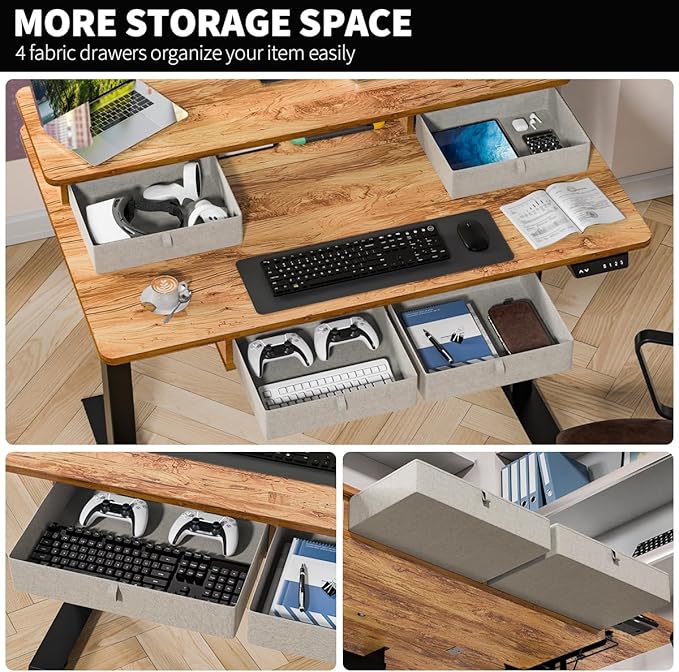 Standing Desk with Fast Charging USB Ports, 48" x 30" Height Adjustable Home Office & Gaming Desk, Sit Stand Desk with Built-in Storage Shelf, Hook & Ergonomic Design(Light Rustic)