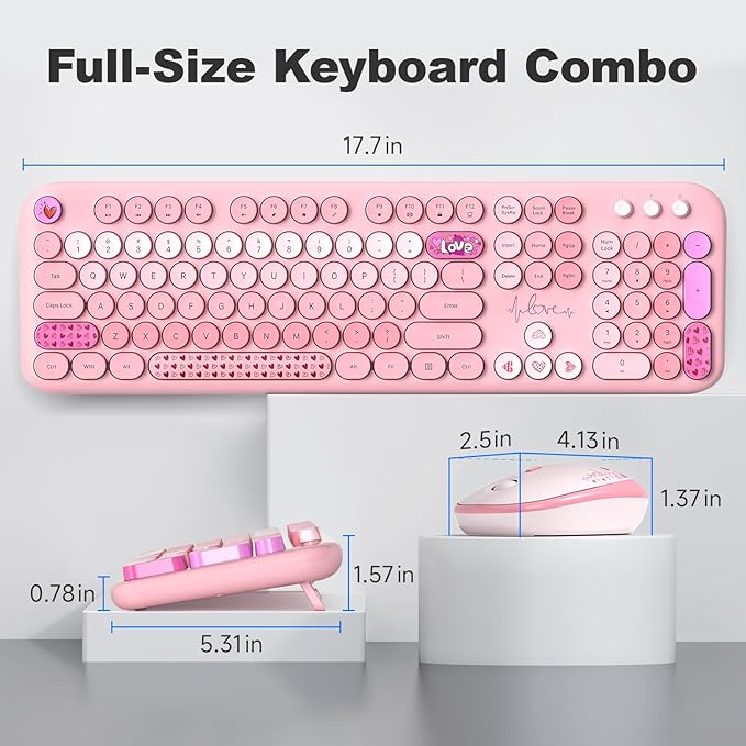 Wireless Keyboard and Mouse Combo, MOWUX Full Size Typewriter Retro Round Computer Keyboard, Cute Optical Mouse Wireless, Plug and Play, for Laptop, PC, Computer- Pink Heart