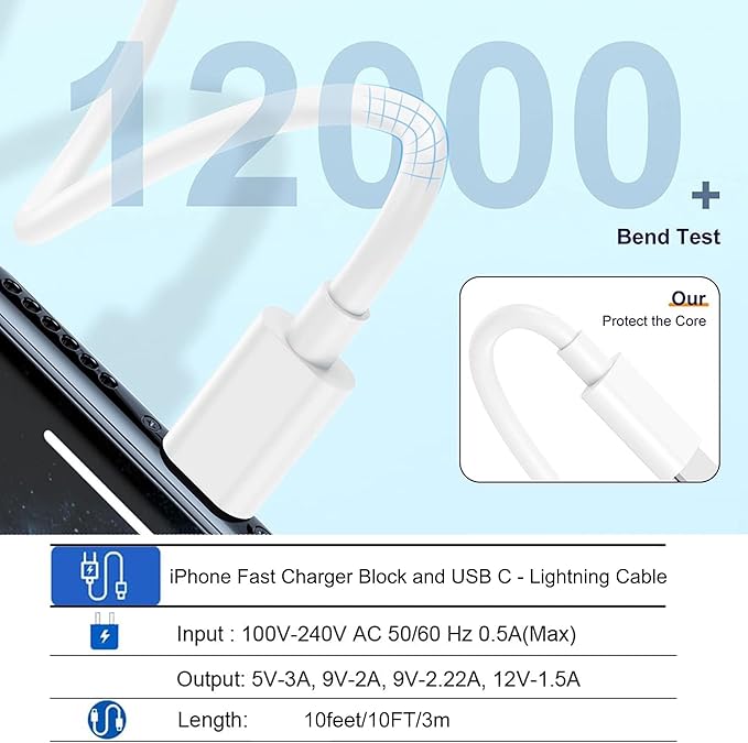 10FT iPhone Fast Charger,3Pack Extra Long[Apple MFi Certified]iPhone USB C Charger Fast Charging 10Foot USB C to Lightning Cable Cord Quick Adapter Block for iPhone14 13 12 11 Pro Max/Plus/Mini/X,iPad