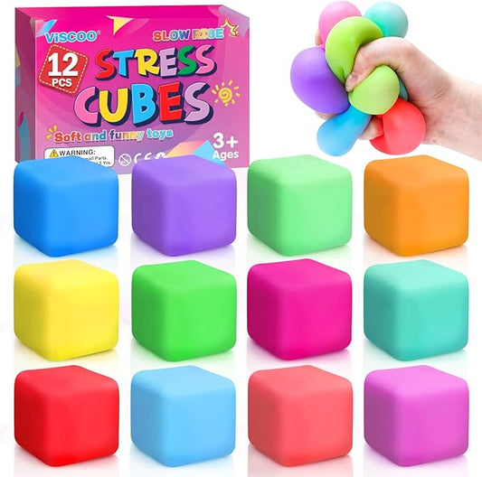 12 Pack Slow Rising Stress Cube, Dough Stress Balls Squishy Fidget Toys for Anxiety Relief, Soft Fidget Cube, Pull Stretch Squishy Toys for Classroom Prize, Party Favors for Kids Adults