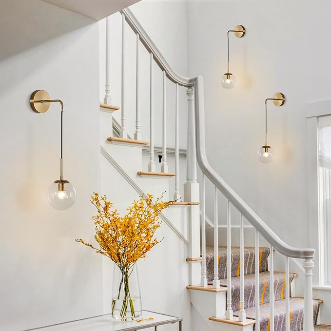 BOKT Mid Century Modern Globe Wall Sconce Lighting Brushed Brass Gold Bathroom Wall Lights Clear Bubble Glass Ball Wall Light Fixture Lamp Bedroom Bedside Wall Light (Gold+Clear)
