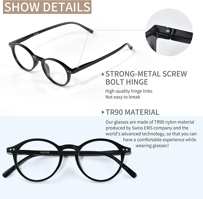 Blue Light Blocking Glasses Round Retro Computer Gaming Glasses Women Men UV Protection AB3303 (Black)