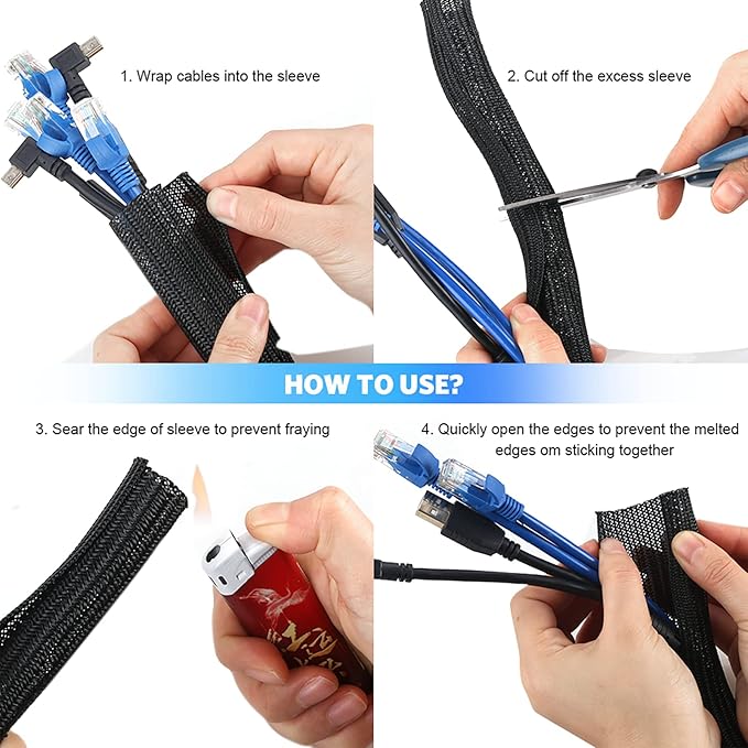 AGPTEK Cable Sleeve Cover, 10ft - 1.5 inch Desk Cord Organizer Cable Hider, Home Office Wire Management Computer TV Wire Loom Tubing, Pet Proof Cord Protector, from Cat Dog Chewing, Black