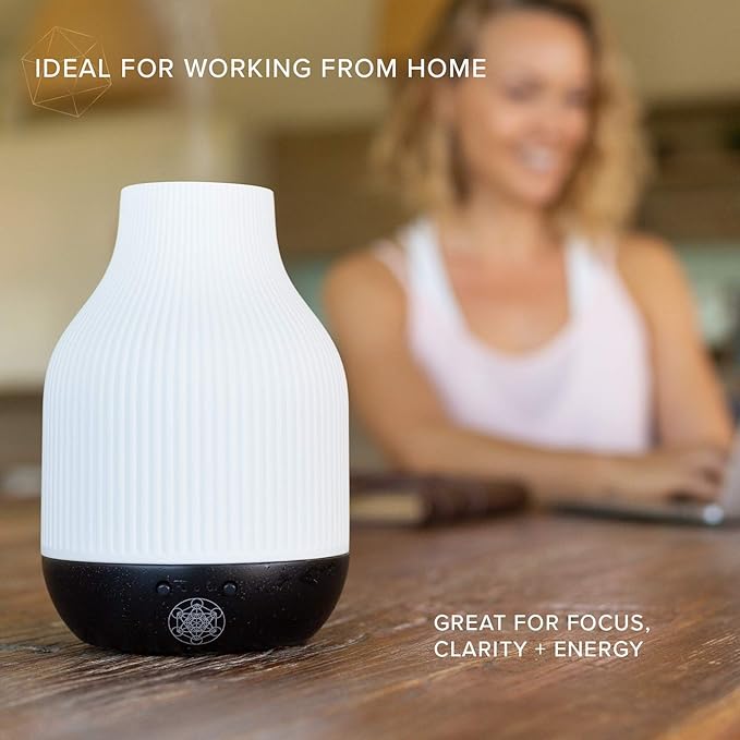 Essential Oil Diffuser Lamp, White Ceramic + Black Wood, Ultrasonic 180ml Whispersoft, 4 Timers | 5 Light Settings, Auto Shut Off, Home + Office, Humidifier Air Purifier Aromatherapy