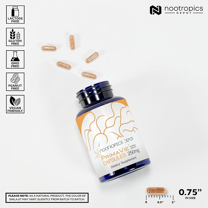 Nootropics Depot PrimaVie Shilajit Capsules | 250mg | 30 Count | Purified Extract | Ayurveda Supplement | Supports Mitochondrial Function + Boosts Endurance