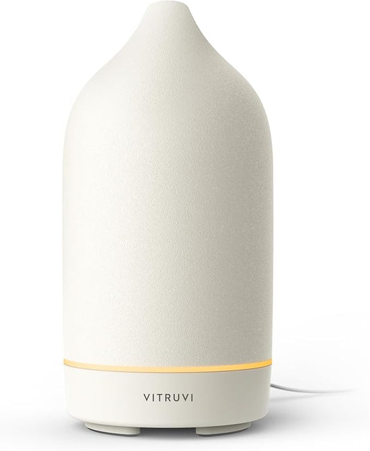 Vitruvi Stone Diffuser, Ceramic Ultrasonic Essential Oil Diffuser for Aromatherapy | Ceramic Diffuser, Diffusers for Home, Oil Diffuser, Housewarming Gift | White, 90ml Capacity
