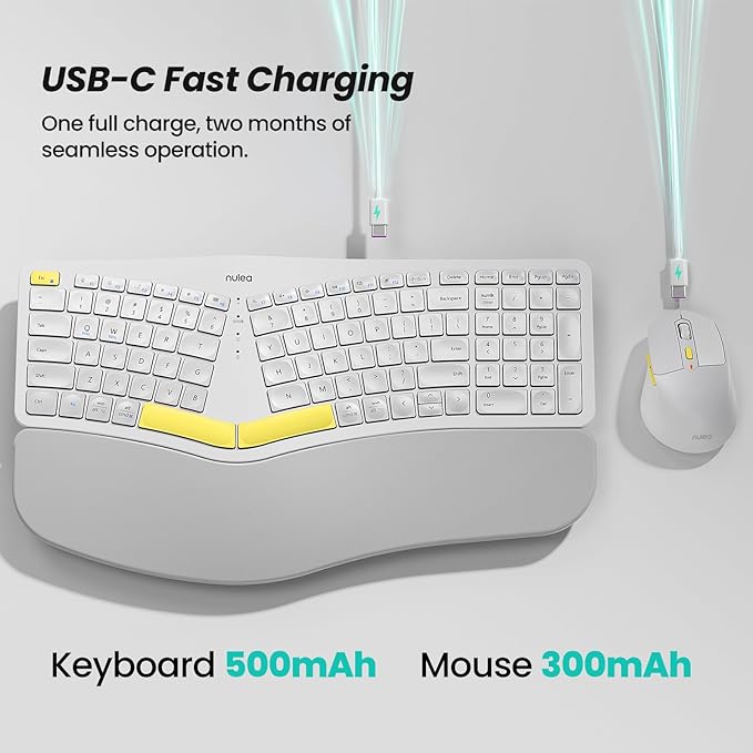 Nulea KM75 Advanced Ergonomic Wireless Keyboard and Mouse Combo, Comfortable Natural Typing, Palm Rest, Multi-Device (Bluetooth, 2.4G, Wired), Rechargeable, for Multi-OS, Windows, Mac, Android(Yellow)