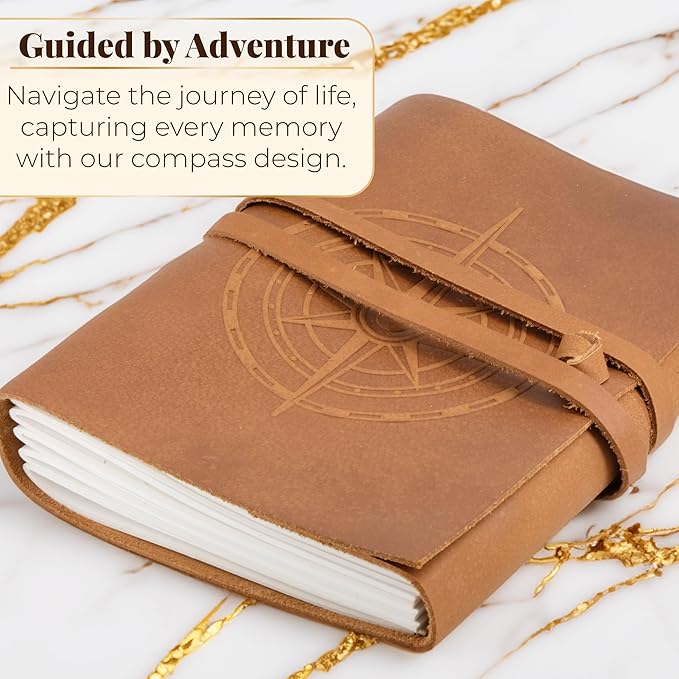 Compass Leather Journal for Men & Women - Blank Journal Notebook with Unlined Paper - Leather Prayer Notebook - 5x7in