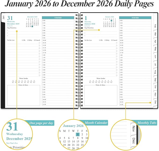 2026 Daily & Monthly Planner - One Page Per Day, Daily Planner from January 2026 - December 2026, Planner 2026 with 12 Monthly Tabs, 8.5" x 11", Black