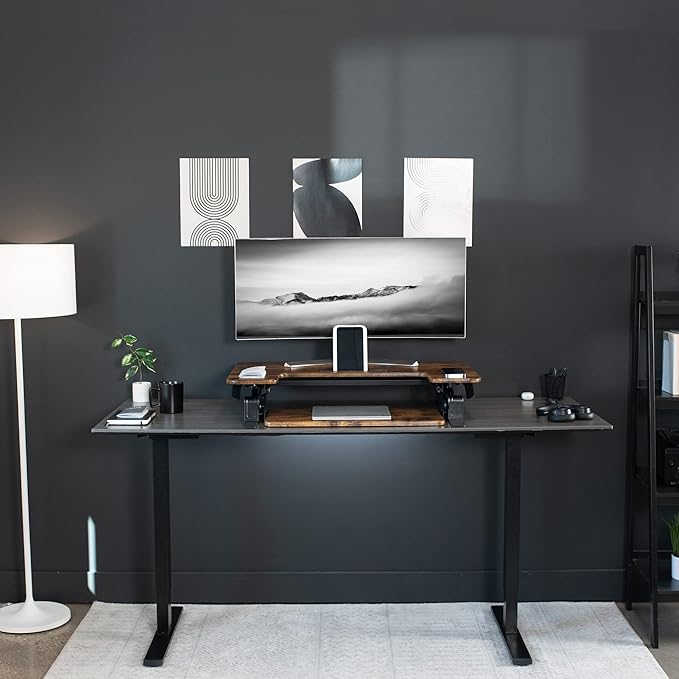 VIVO 36 inch Height Adjustable Stand Up Desk Converter, V Series, Quick Sit to Stand Tabletop Dual Monitor Riser Workstation, Rustic Vintage Brown Top, Black Frame, DESK-V000VN