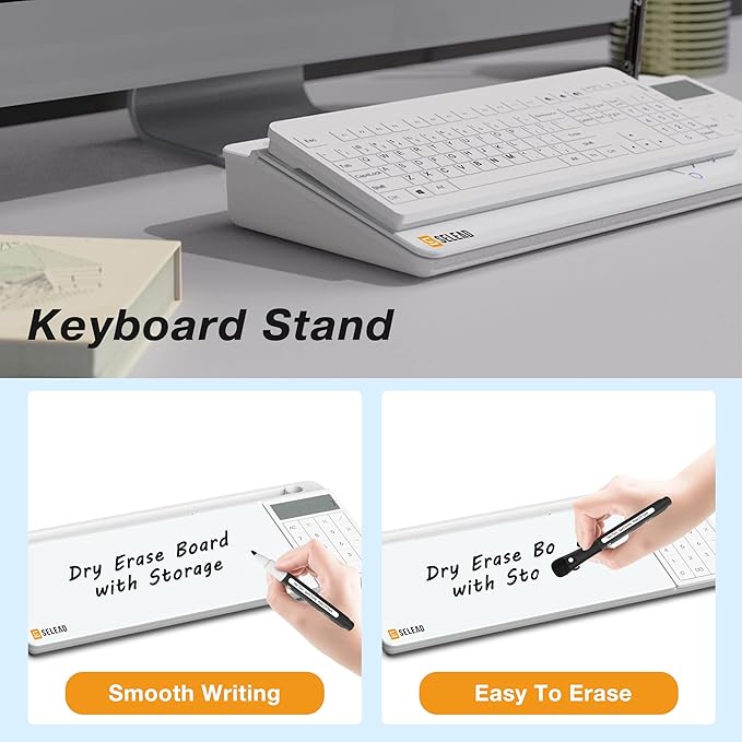 SELEAD Desktop Glass Whiteboard with Calculator, Organizer, Markers, Eraser, Holder - Small Dry Erase White Board Computer Pad Keyboard Stand Desk Drawer Accessories for Home, School, Office