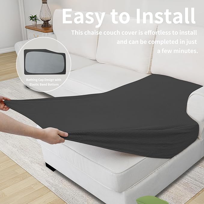 Easy-Going Stretch Sectional Couch Covers 1 Piece Chaise Lounge Slipcover L Shape Separate Cushion Couch Seat Chaise Cover for Both Left/Right Sectional Couch Dark Gray