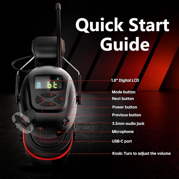 Bluetooth 5.4 Hearing Protection AM FM Radio Headphones with Digital Display, 30 SNR Noise Reduction Safety Earmuffs with Rechargeable 2000 mAh Large Battery, Ear Protector for Mowing Lawn Work