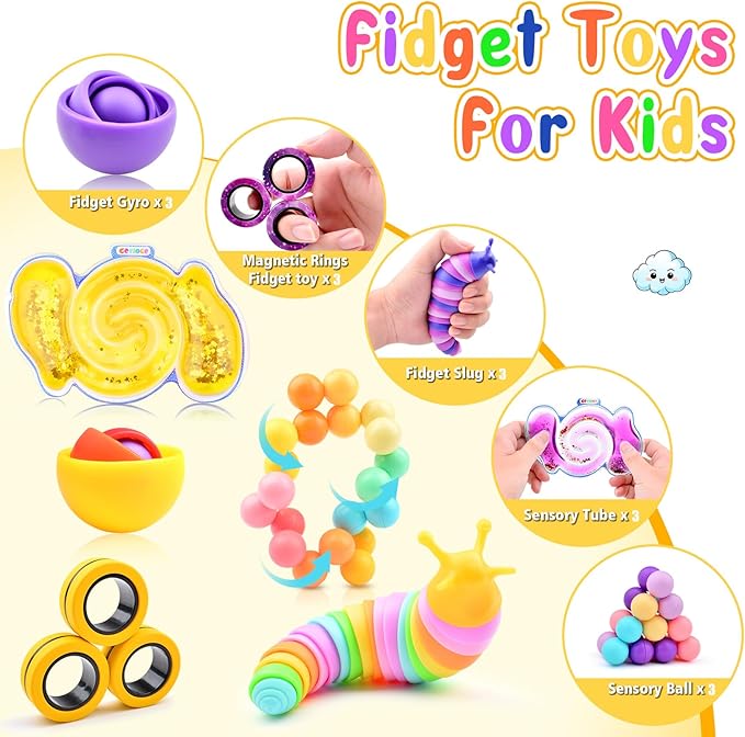 Cevioce 15Pcs Fidget Toys Adults Pack,Stocking Stuffers for Teens Boys Girls,Autism Sensory Toys with Fidget Spinner Slug Magnetic Rings,Squishy Fidget Toys ADHD Stress Relief,Party Favor for Kid-BPY