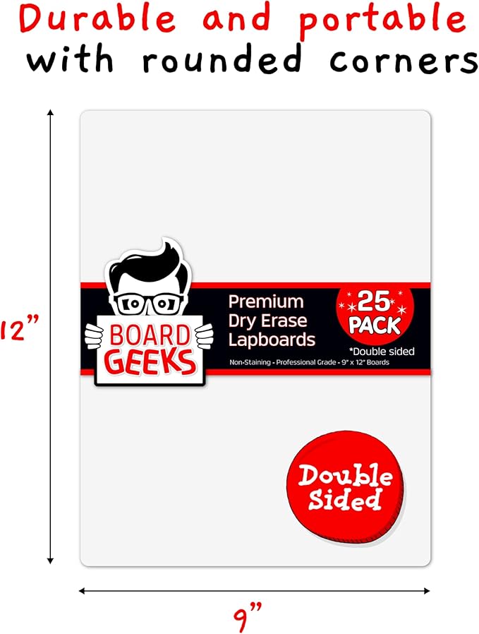 Dry Erase Board 9"x12"- Small 25 Classroom Mini White Boards for Students, Teachers | Double Sided Small White Board Bulk (25 Pk)