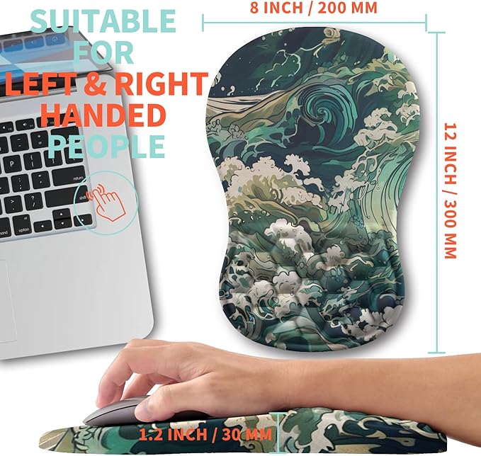 Ergonomic Mouse Pad Wrist Support with Memory Foam Massage Bulge, Carpal Tunnel Pain Relief Mousepad Wrist Rest for Mouse(12x8 inch, Sea Wave)