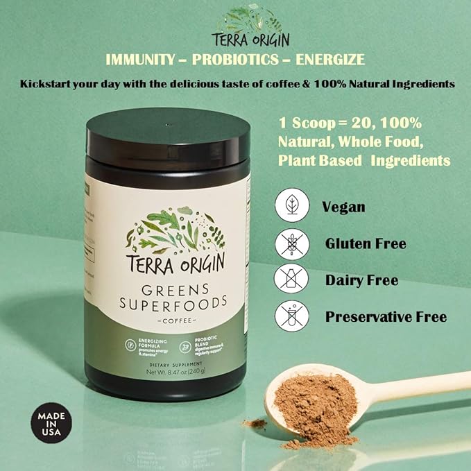 TERRA ORIGIN Superfoods Greens Blend Immune and Digestive Support | Organic Vegetable Supplement with Tumeric, Milk Thistle, Green Tea, Chlorella | Non-GMO, Gluten-Free, Vegan | Coffee | 30 Servings