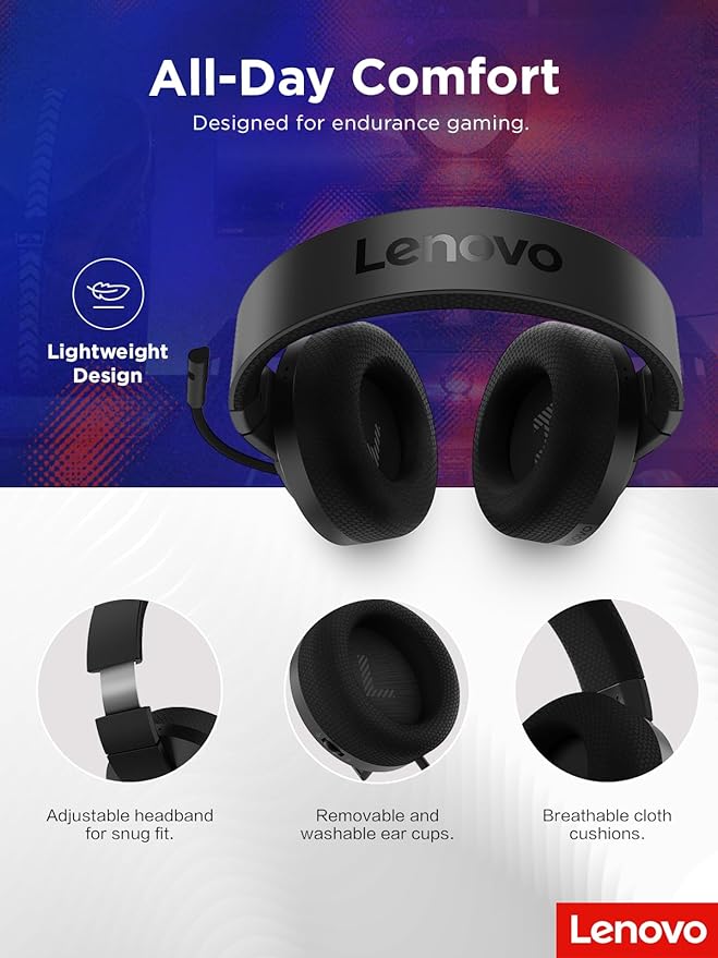 Lenovo H210 Wired Gaming Headset - 3.5mm Connection, Flip-to-Mute Noise-Cancelling Microphone, Breathable Ear Cups - Black