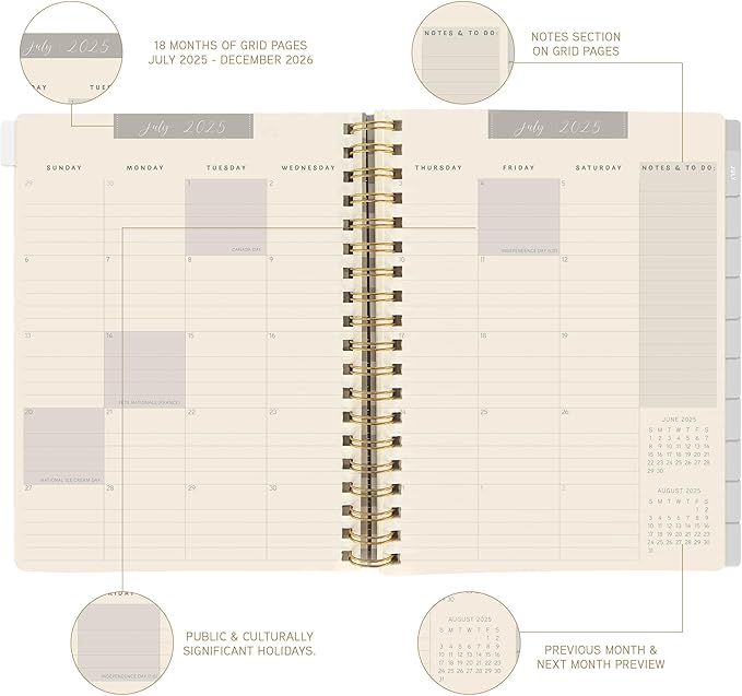 18 Month Planner/Calendar by Graphique, July 2025 – Dec. 2026 Romanticize Your Life Hardbound Spiral Planner, Monthly Tabs, Holidays, Reminder Stickers, 6” x 8”