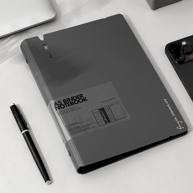 CAGIE A5 Binder 6 Ring Notebook with Dividers Refillable Planner Binder with Pockets, Refill Paper Include Planning Square Ruled and Dotted Pages, 6.89 x 9.25 In, (Grey, A5 Daily&Dot Page)