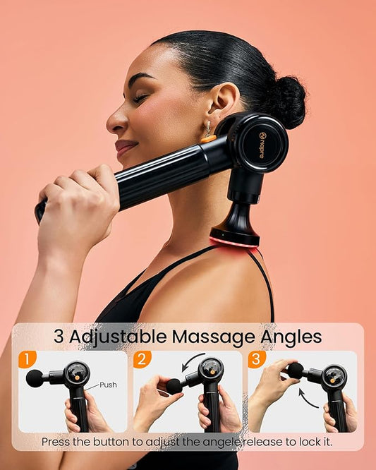 Massage Gun with Heat,Massage Gun Deep Tissue with Extension Handle & 3 Adjustable Angles,Handheld Percussion Back Massager for Muscle/Neck/Body Pain Relief with Portable Case,Black