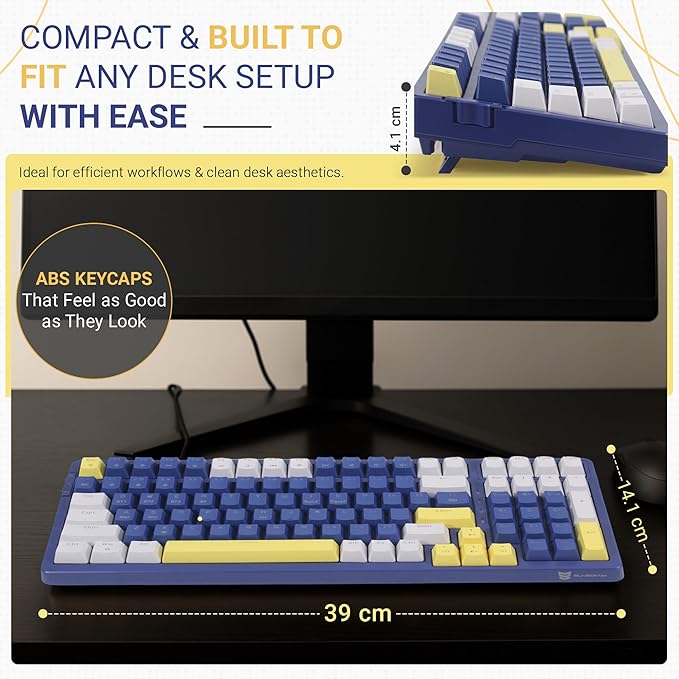 Qisan Wireless/Wired Mechanical Keyboard, Triple Mode 2.4G/USB-C/BT Wireless Gaming Keyboard, 100 Keys (98%) US Layout Brown Switch Rechargeable Ice Blue Backlit Keyboards | Blue & Yellow & White