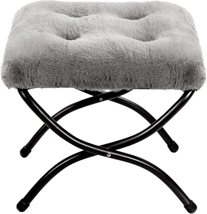 HollyHOME 15"(H) Folding Footrest Stool, Upholstered Small Foldable Ottoman, Accent Padded Sofa Foot Stool for Lazy Chair, Metal Frame Portable Foot Rest Ottoman for Home, Living Room, Bedroom, Grey