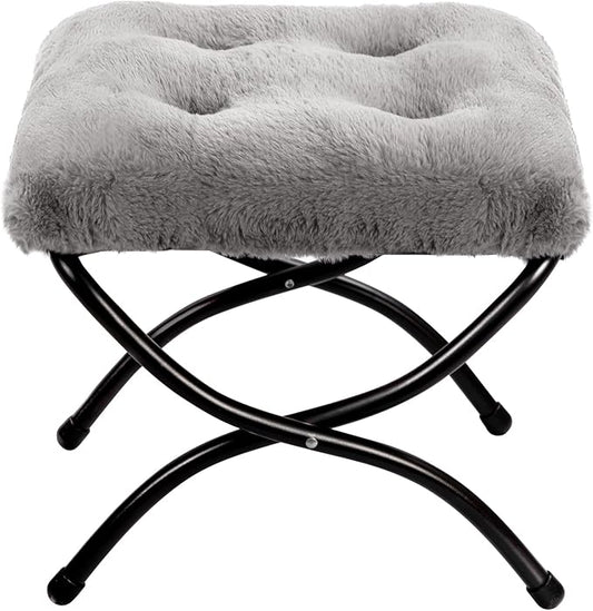 HollyHOME 15"(H) Folding Footrest Stool, Upholstered Small Foldable Ottoman, Accent Padded Sofa Foot Stool for Lazy Chair, Metal Frame Portable Foot Rest Ottoman for Home, Living Room, Bedroom, Grey