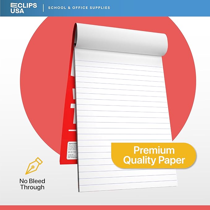 E-CLIPS USA Notepads, Ruled Writing Tablet, Note Pads 6 x 9, Small Notepads, Memo Pad, White, Chipboard Back, Writing Pad, Office Supplies, 100 Sheets Per Pad (6 Pack)