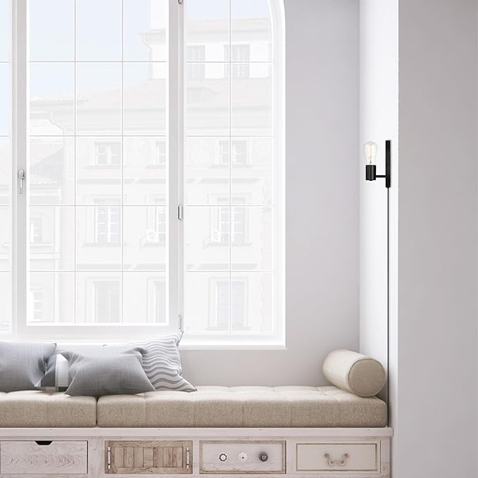 GLOBE Electric x Novogratz 51488 1-Light Plug-in or Hardwire Wall Sconce, Matte Black, 6ft Fabric Covered Cord, Rocker Switch, Wall Lights for Apartment or Renters, Modern Lighting