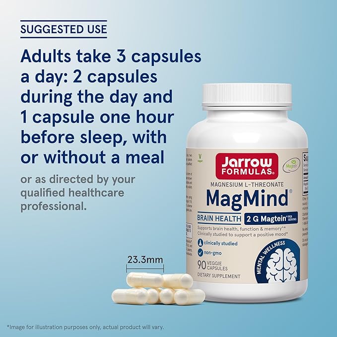 Jarrow Formulas Magnesium L-Threonate, MagMind Brain Supplements for Memory Support, 90 Veggie Capsules, Up to a 30 Day Supply, Pack of 12