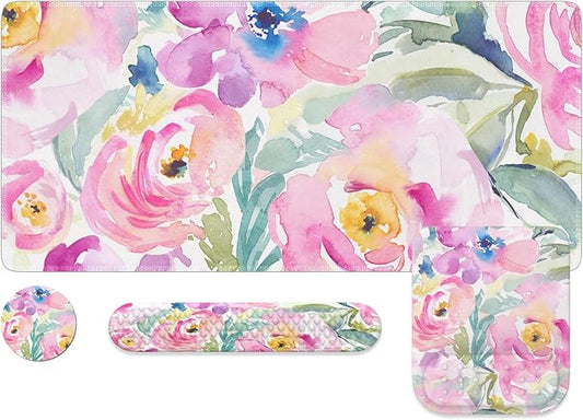 HAOCOO Mouse Pad with Wrist Rest, Large Desk Mat, Ergonomic Keyboard Wrist Support, 4pcs Computer Desk Pad Set with Coaster, Memory Foam Gaming Mousepad for Laptop Girls, Pink Floral