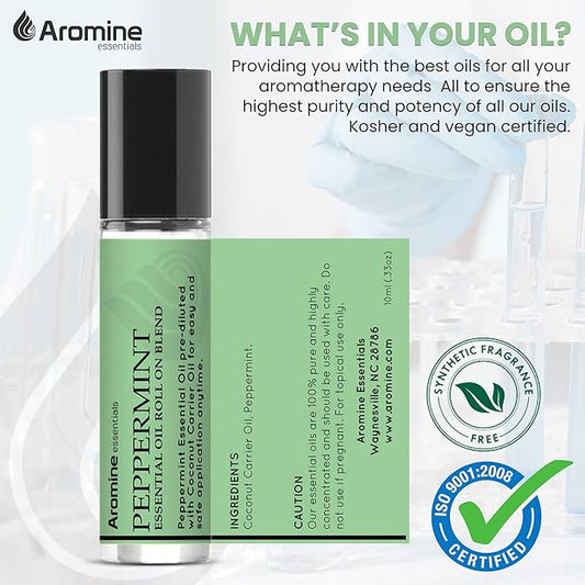 Peppermint Essential Oil Roll On, Pre-Diluted 10ml (Pack of 2). Premium Quality, Therapeutic Grade Topical Ready Aromatherapy Oil