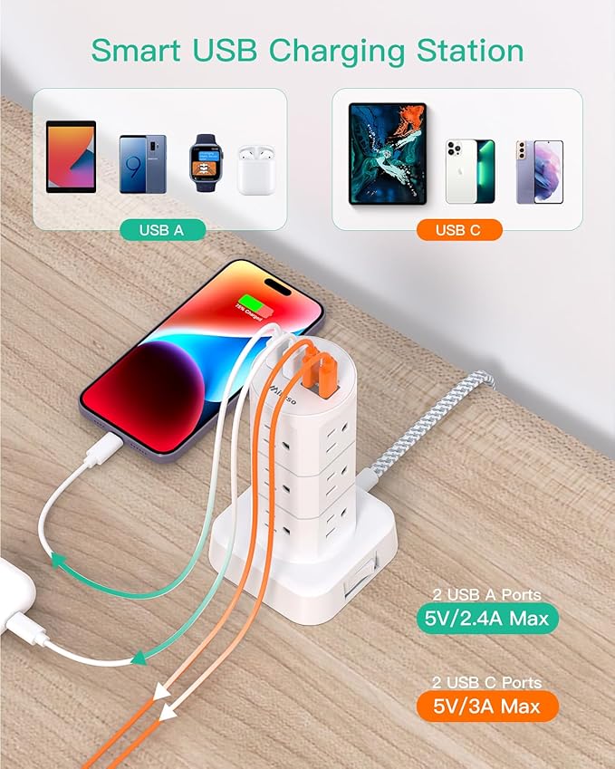 Power Strip Tower, PD20W Charging Station Desk Accessories, Flat Plug, 12 Outlets 4 USB Ports, 1080J Surge Protection, 6Ft Extension Cord with Multiple Outlets, Office Supplies, Dorm Room Essentials