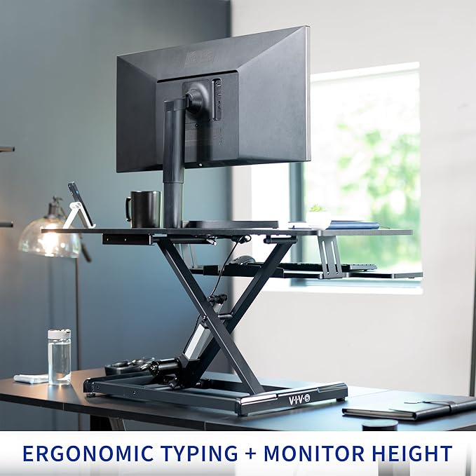 VIVO 47 inch Electric Motor Desk Converter, Height Adjustable Riser, Sit to Stand Dual Monitor and Laptop Workstation with Wide Keyboard Tray, Black, DESK-VE48B