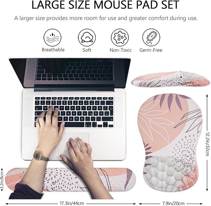 Mouse Pad Wrist Support, 2 in1 Keyboard Wrist Rest+ Ergonomic Mouse Pad, Non-Slip Wrist Rest for Computer Keyboard, Made Easy Typing & Relieve Wrist Pain（Leaf