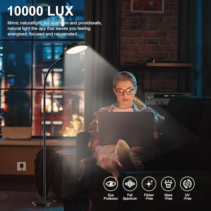 Light Therapy Lamp 10000 Lux, LED UV-Free Sunlight Lamp, Full Spectrum Floor Happy Therapy Lamp with Remote for Home/Office/Reading/Relaxation